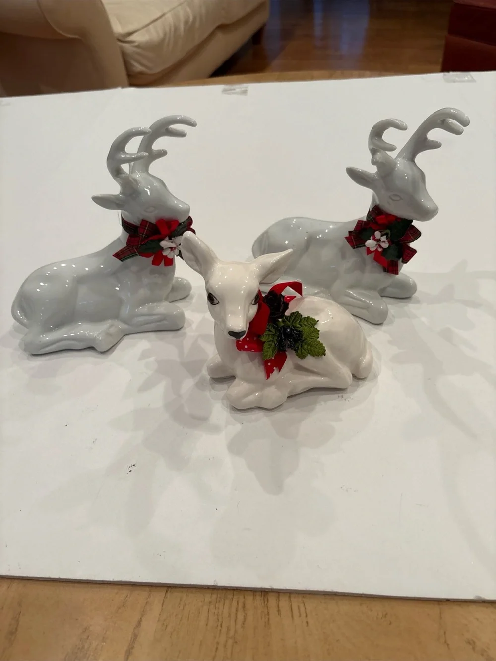 Set of 3/White Ceramic Reindeer Holiday Figurines w/ Red Plaid Bows-Christmas